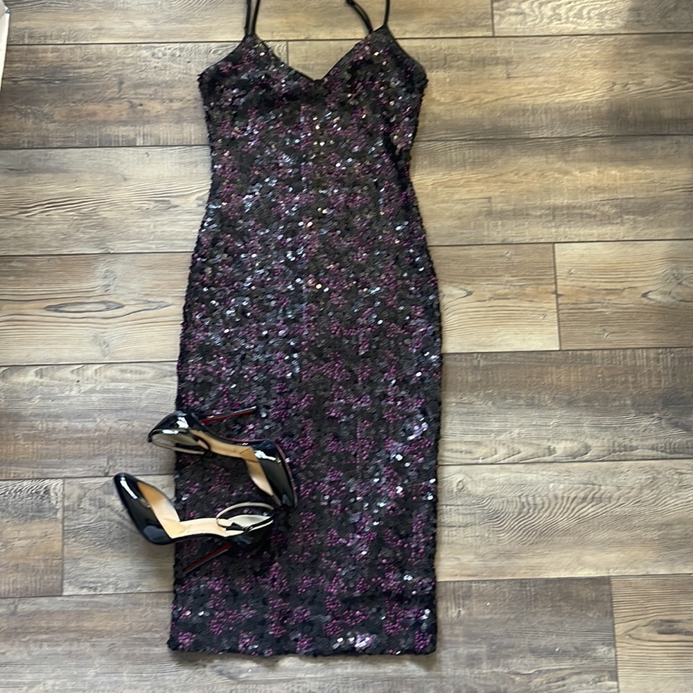 Sequin black and fuchsia plum spaghetti strap dress